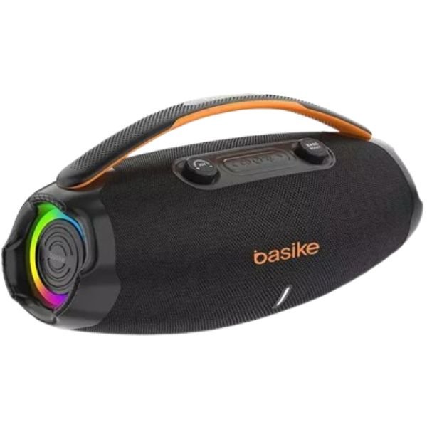 Imagem da caixa de som Bluetooth Basike BA-RAD207 no formato quadrado com foco nos detalhes visuais