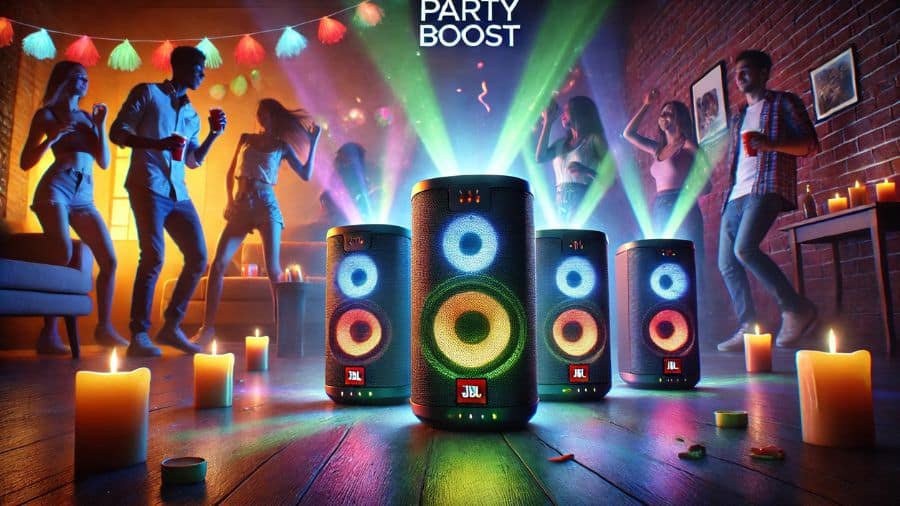 caixas de som bluetooth jbl lgadas entre si por party boost em uma festa