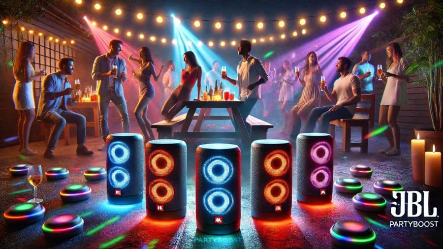 festinha animada ao som de 6 caixas de som bluetooth JBL conectadas entre si por recurso PartyBoost