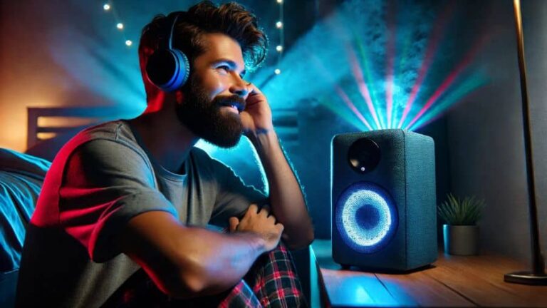 omem ouvindo música com fone ao lado de caixa de som Bluetooth com luzes e grave forte, usada como imagem destacada do artigo