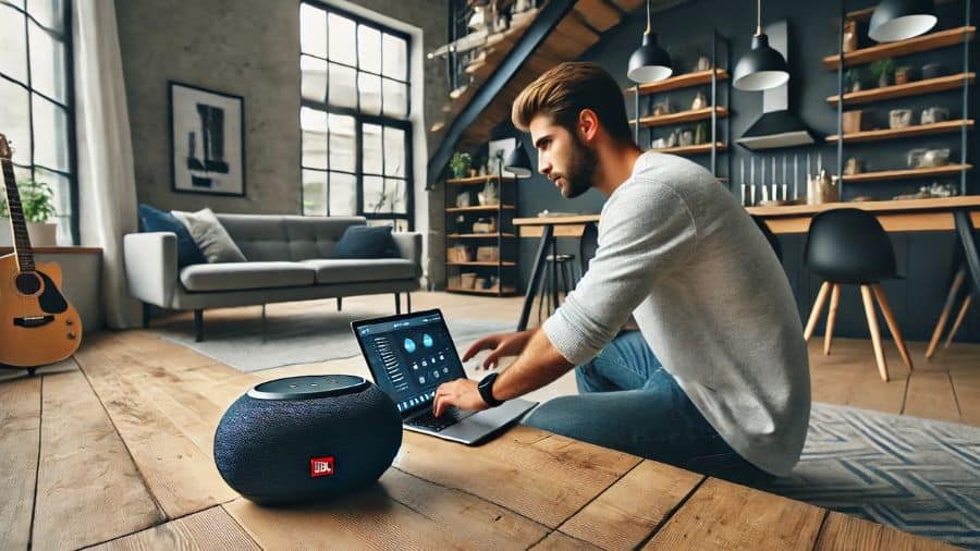 homem configurando caixa de som bluetooth em seu macbook