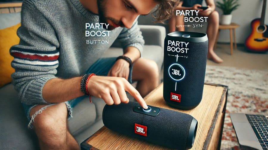 homem configurando duas caixas Bluetooth JBL com recurso PartyBoost