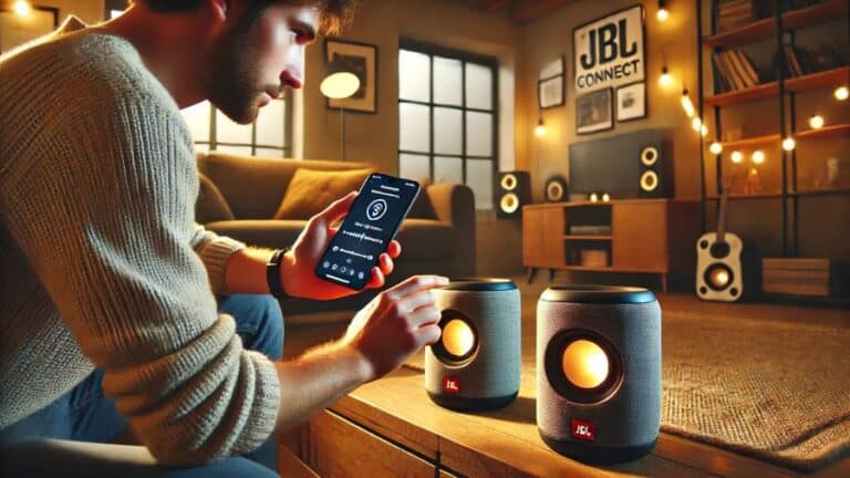 homem usando aplicativo jbl connect para conectar 2 caixas de som bluetooth da JBL