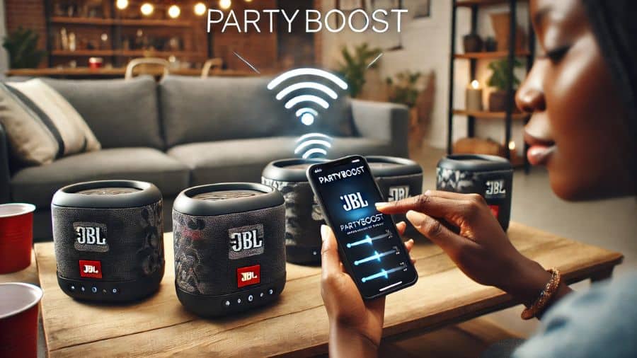 mulher sincronizando caixas de som bluetooth JBL com recurso de Partyboost