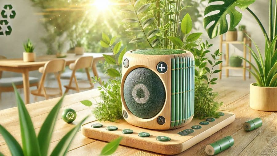 ilustração de caixa de som bluetooth feita de materiais sustentáveis e ecológicos