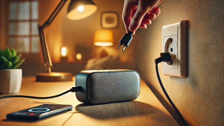 Caixa de som Bluetooth desligada sendo conectada a uma tomada com cabo de energia