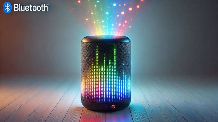 Caixa de som Bluetooth moderna emitindo luzes LED coloridas e vibrantes