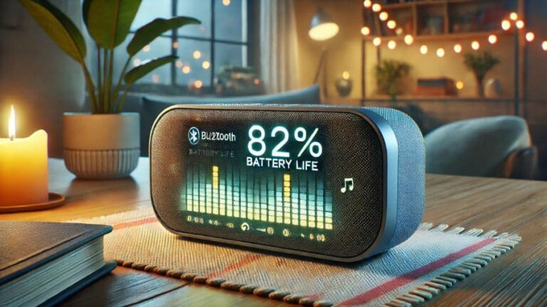 Tela de uma caixa de som Bluetooth moderna exibindo o nível de bateria enquanto toca música
