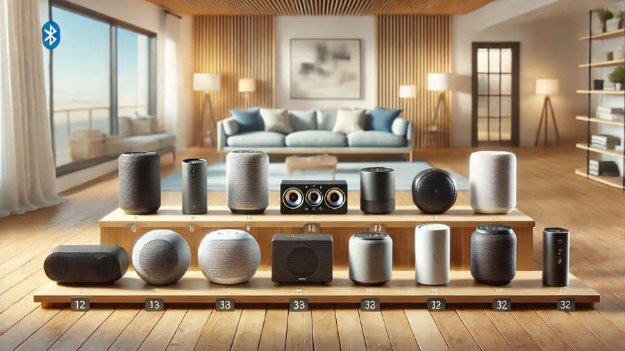 caixas de som Bluetooth enfileiradas em estante