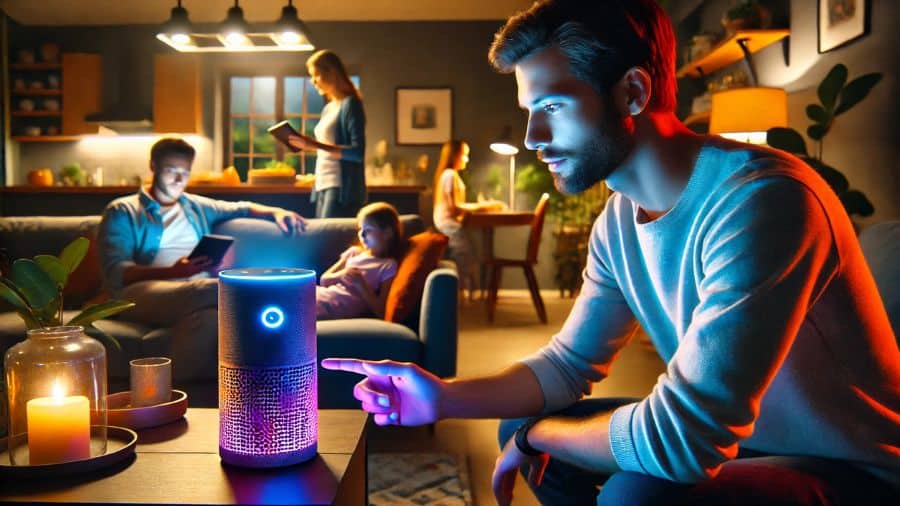 Homem enviando um controle de voz com a Alexa para sua caixa de som Bluetooth