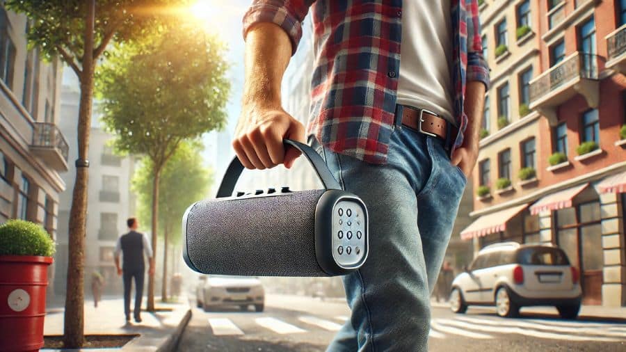 homem transportando caixa de som Bluetooth com alça na rua