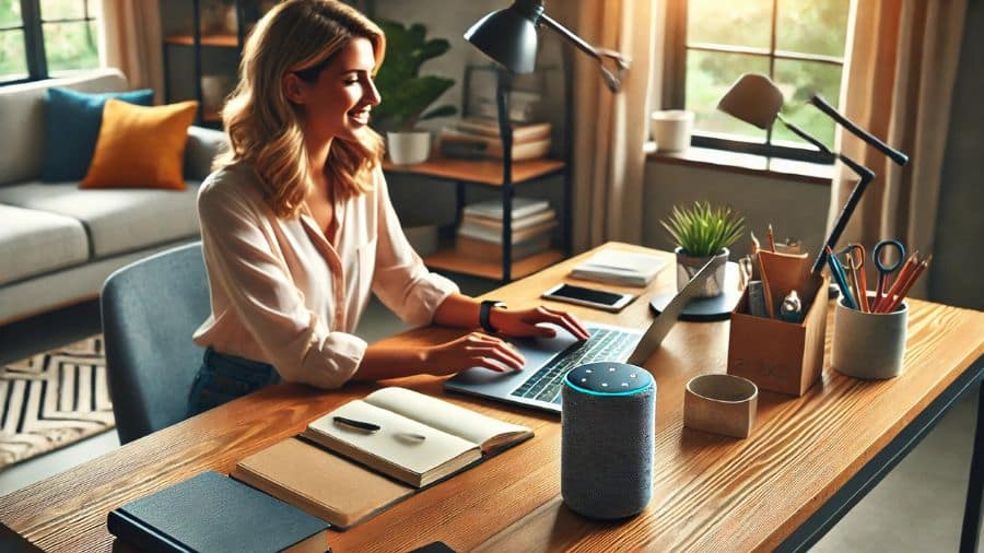 mulher usando a assistente de voz Alexa de sua caixa de som Bluetooth enquanto trabalha em seu escritório