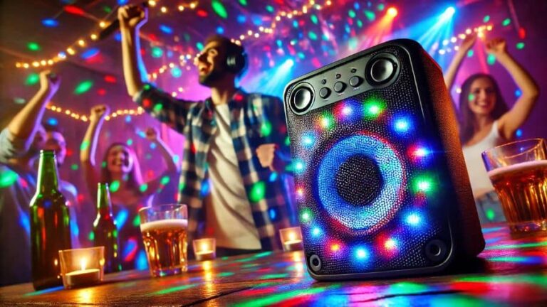 Pessoas escutando som alto e grave de uma caixa Bluetooth com iluminação LED colorida em um ambiente festivo