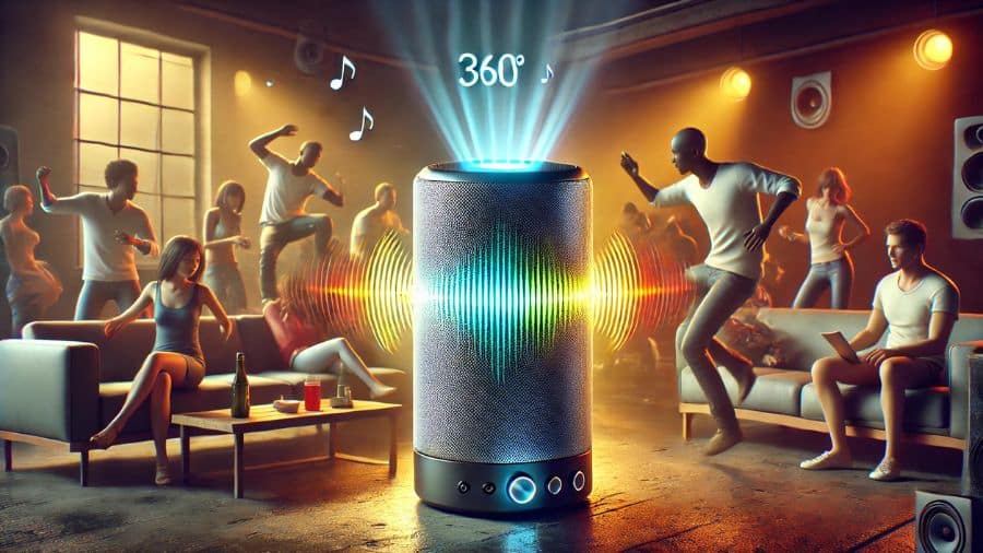 Caixa de som Bluetooth com áudio 360º em um ambiente realista, cercada por pessoas dançando e relaxando ao som da música