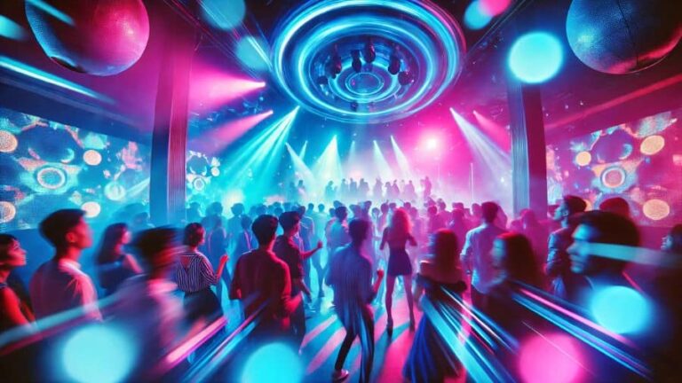 Cena de festa animada com pessoas dançando sob luzes coloridas em ambiente vibrante e envolvente