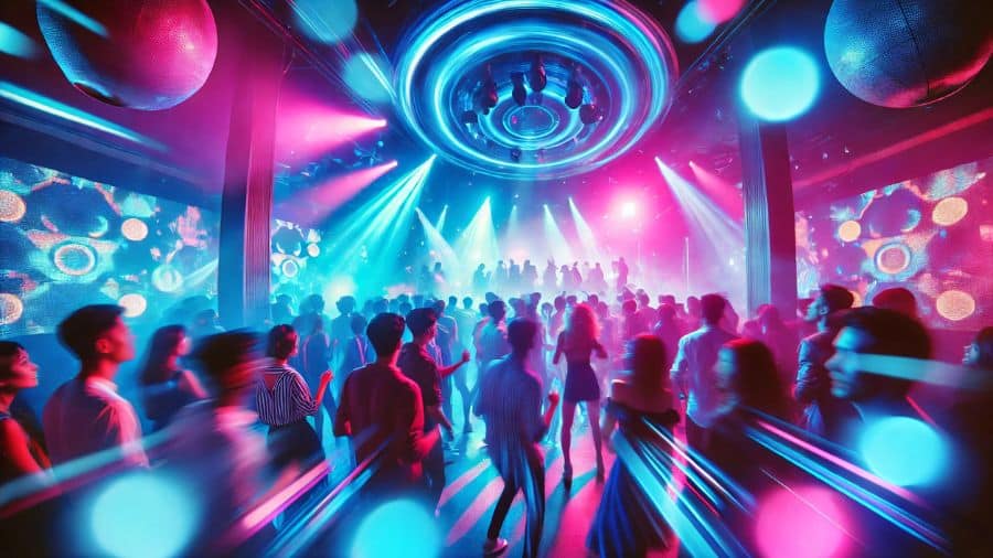 Cena de festa animada com pessoas dançando sob luzes coloridas em ambiente vibrante e envolvente