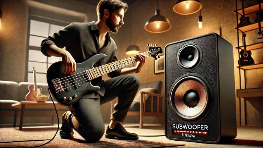 baixista tocando em uma caixa de som bluetooth com subwoofer