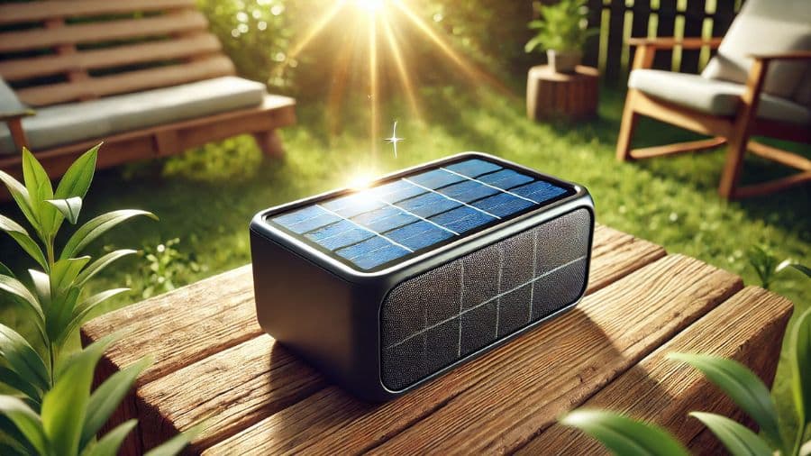 Caixa de som Bluetooth com painel solar carregando ao sol em ambiente externo com plantas e luz natural