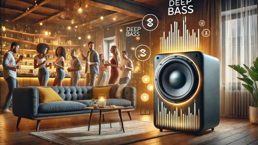Sala com festa animada tocando uma caixa de som Bluetooth com subwoofer e graves potentes