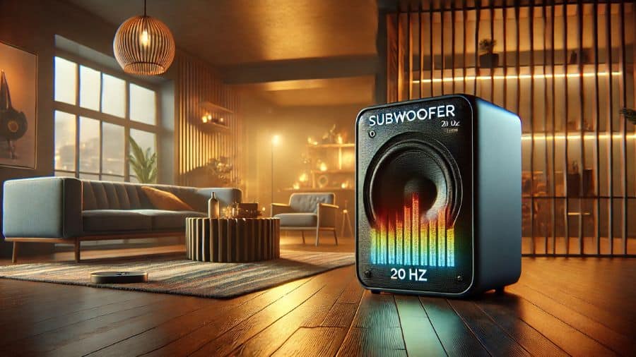 Caixa de som Bluetooth com subwoofer e LEDs animados em um ambiente aconchegante