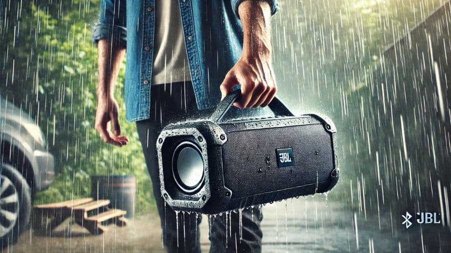 Homem carregando uma caixa de som Bluetooth resistente à água em meio à chuva, em um ambiente claro e vibrante ao ar livre