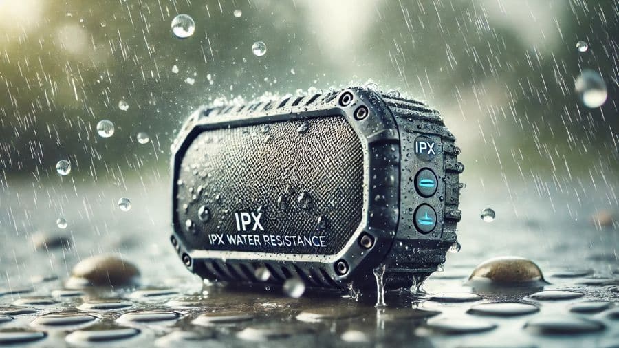 Caixa de som Bluetooth resistente com proteção IPX, coberta por gotas d'água, simbolizando sua resistência à água e durabilidade