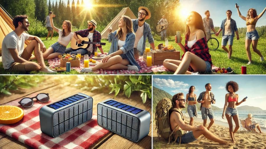 Pessoas usando caixas de som Bluetooth solares em trilha, praia e piquenique sob luz do sol direta