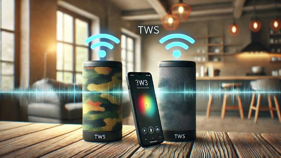 Duas caixas de som Bluetooth TWS sobre uma mesa de madeira conectadas a um smartphone, emitindo ondas sonoras