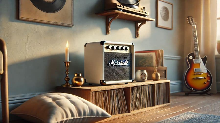 Caixa de som Bluetooth branca sobre estante com vinis e decoração retrô em ambiente com luz natural