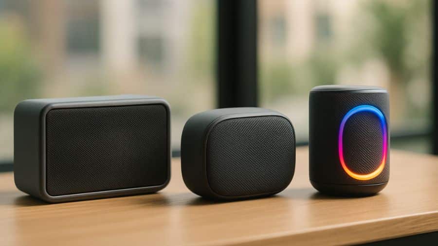 Três caixas de som mostram evolução no design Bluetooth com destaque para modelo moderno com iluminação LED colorida