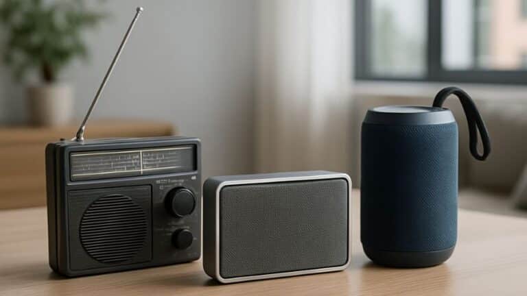 Três caixas de som representando a evolução do Bluetooth em ambiente moderno e iluminado