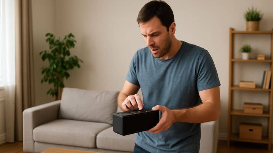 Homem confuso ao tentar ligar uma caixa de som portátil em casa