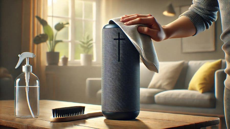 Pessoa limpando caixa de som Bluetooth vertical com pano úmido em ambiente moderno e iluminado por luz natural