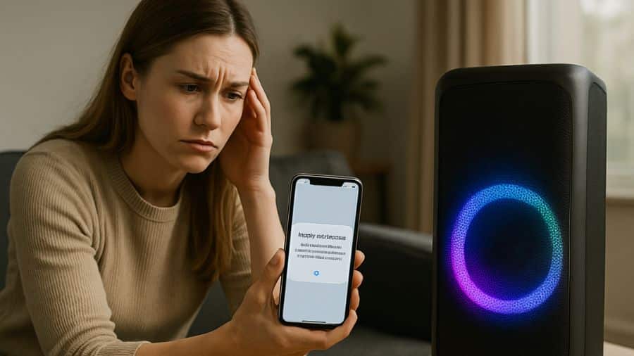 Mulher frustrada tentando conectar o celular a uma caixa de som Bluetooth