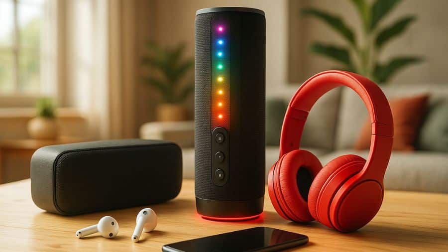 Fones de ouvido, caixas de som e speaker com luzes LED, todos com conectividade Bluetooth e multiconexão, sobre mesa de madeira em ambiente moderno