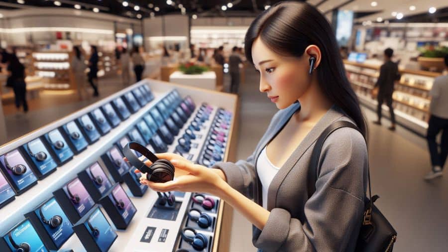 Mulher observando modelos de fones Bluetooth sem fio em loja de eletrônicos dentro de shopping, ambiente moderno e organizado