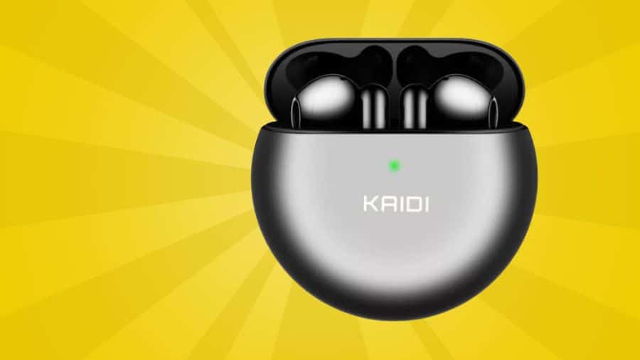 Fone Bluetooth Kaidi KD-770 com estojo preto aberto sobre fundo amarelo com luz radial, imagem destacada do artigo