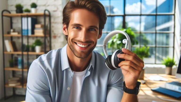 Homem sorridente segurando headphone Bluetooth branco em ambiente de trabalho