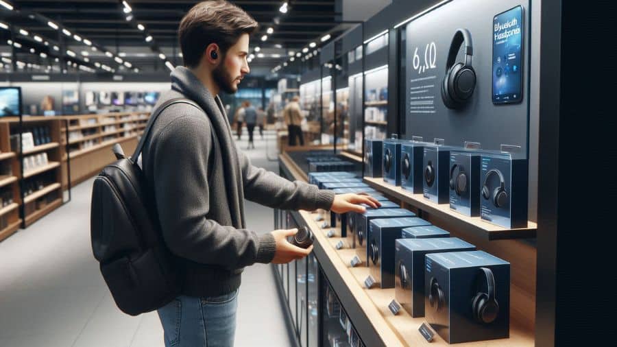 Homem analisando opções de fones de ouvido Bluetooth sem fios em prateleira de loja de eletrônicos, ambiente organizado e moderno