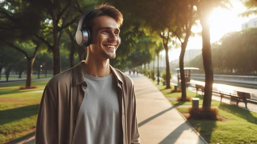 Homem sorrindo e caminhando em parque ao entardecer enquanto escuta música com fone de ouvido Bluetooth sem fios