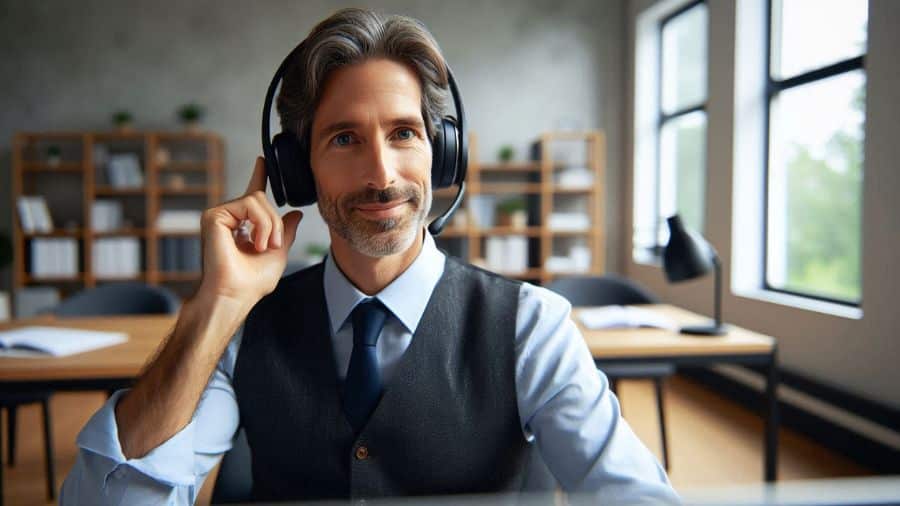 Homem maduro com headphone Bluetooth preto em escritório moderno