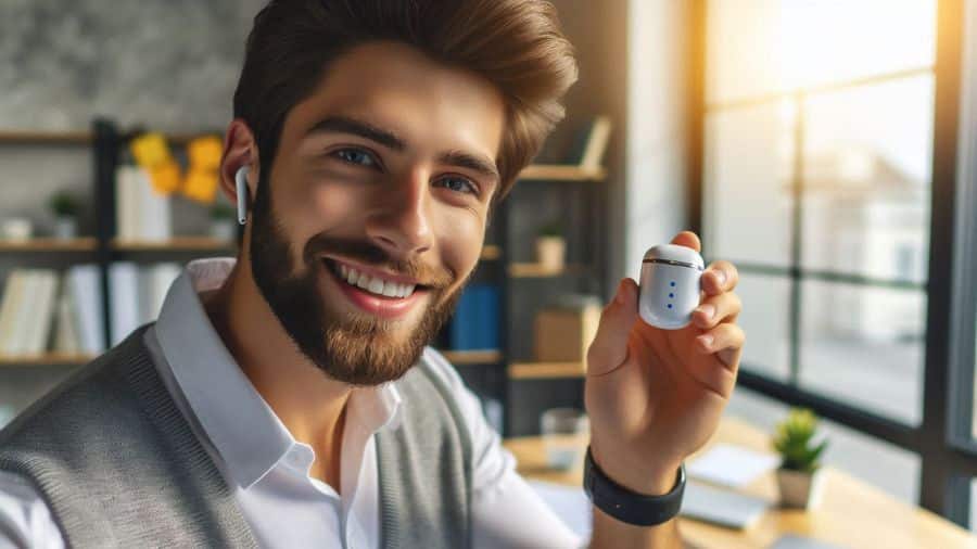 Homem sorrindo em escritório segurando fone Bluetooth intra-auricular branco