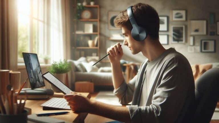 Pessoa concentrada trabalhando em casa com fone de ouvido Bluetooth sem fio, usando notebook e tablet em ambiente iluminado