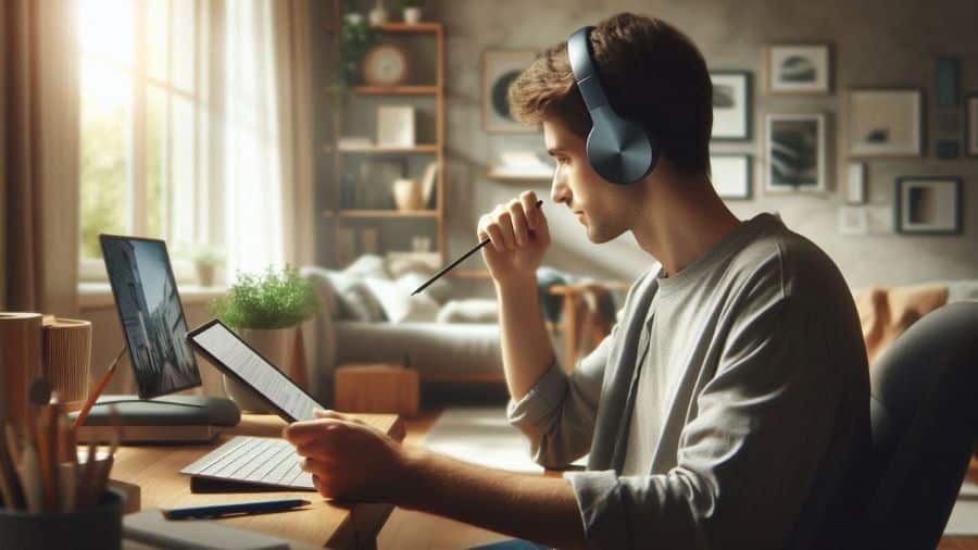 Pessoa concentrada trabalhando em casa com fone de ouvido Bluetooth sem fio, usando notebook e tablet em ambiente iluminado