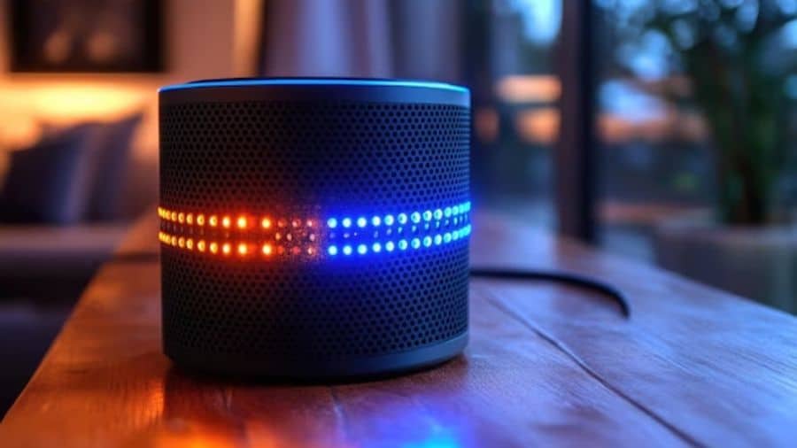 Caixa de som portátil com LEDs coloridos em mesa de madeira, com ambiente interno ao fundo levemente desfocado