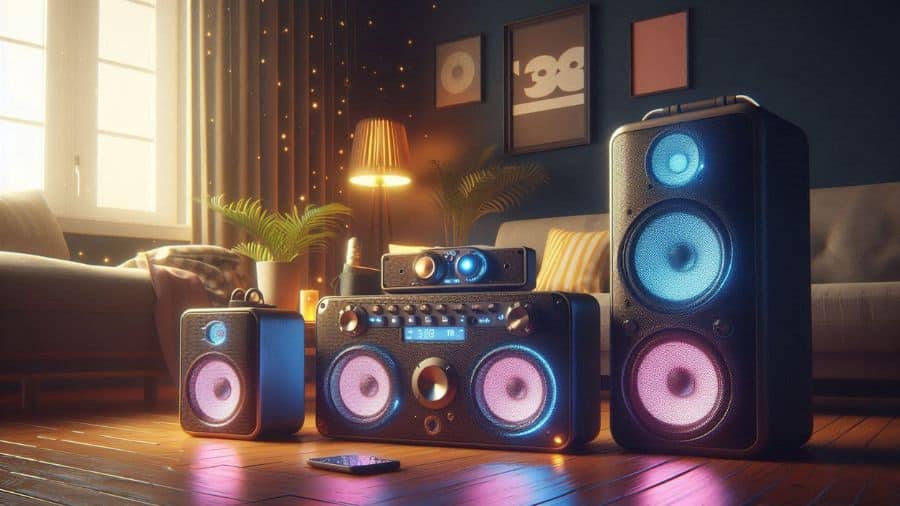 Caixas de som Bluetooth iluminadas em sala moderna com decoração aconchegante e luzes suaves