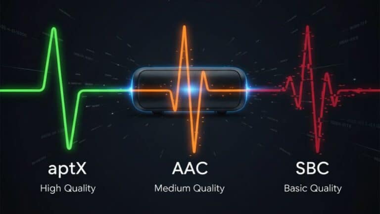 Ilustração de codecs Bluetooth aptX, AAC e SBC representados por ondas sonoras ligadas a uma caixa de som, usada como imagem destacada do artigo