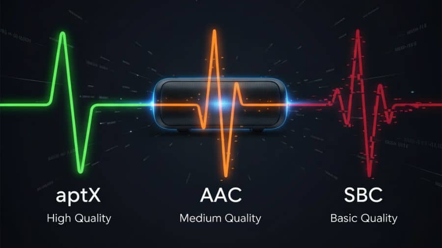 Ilustração de codecs Bluetooth aptX, AAC e SBC representados por ondas sonoras ligadas a uma caixa de som, usada como imagem destacada do artigo
