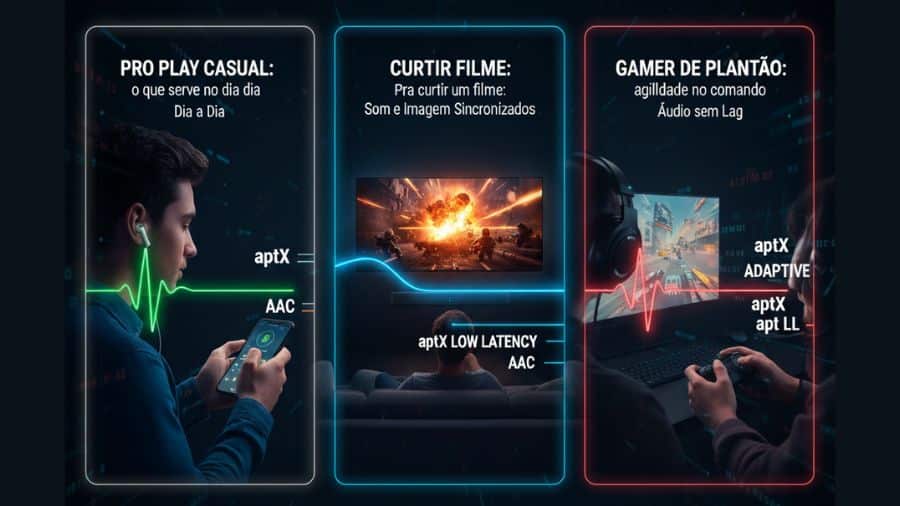 Comparação de cenários de uso dos codecs Bluetooth aptX, AAC e Low Latency para jogos, filmes e uso casual