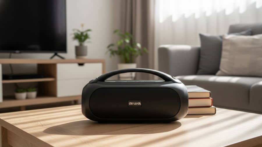 Boombox AIWA AWS-BBS-02 posicionada sobre mesa de centro em ambiente de sala moderna, com livros e sofá ao fundo